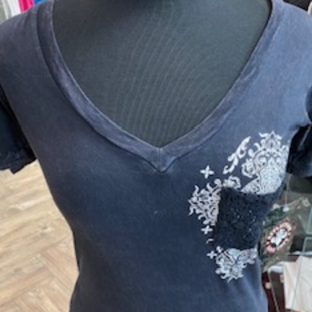 Adorable Affliction Women's Tee With Black Lace Pocket, Size Small
